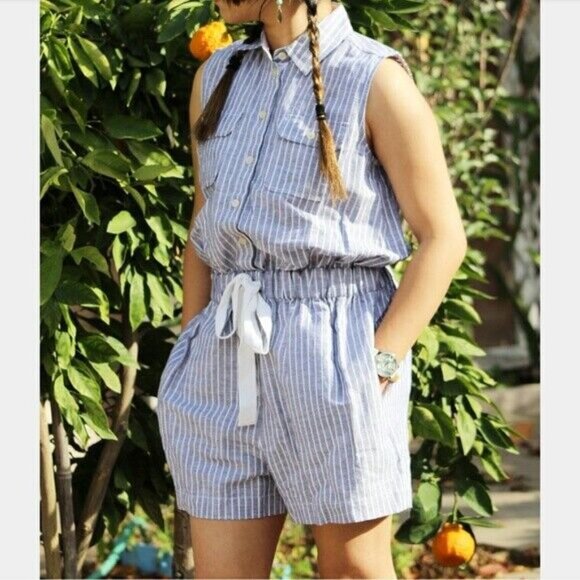 KATE SPADE BROOME STREET Linen Blend Stripe Romper Tie Waist SZ S - Picture 8 of 9